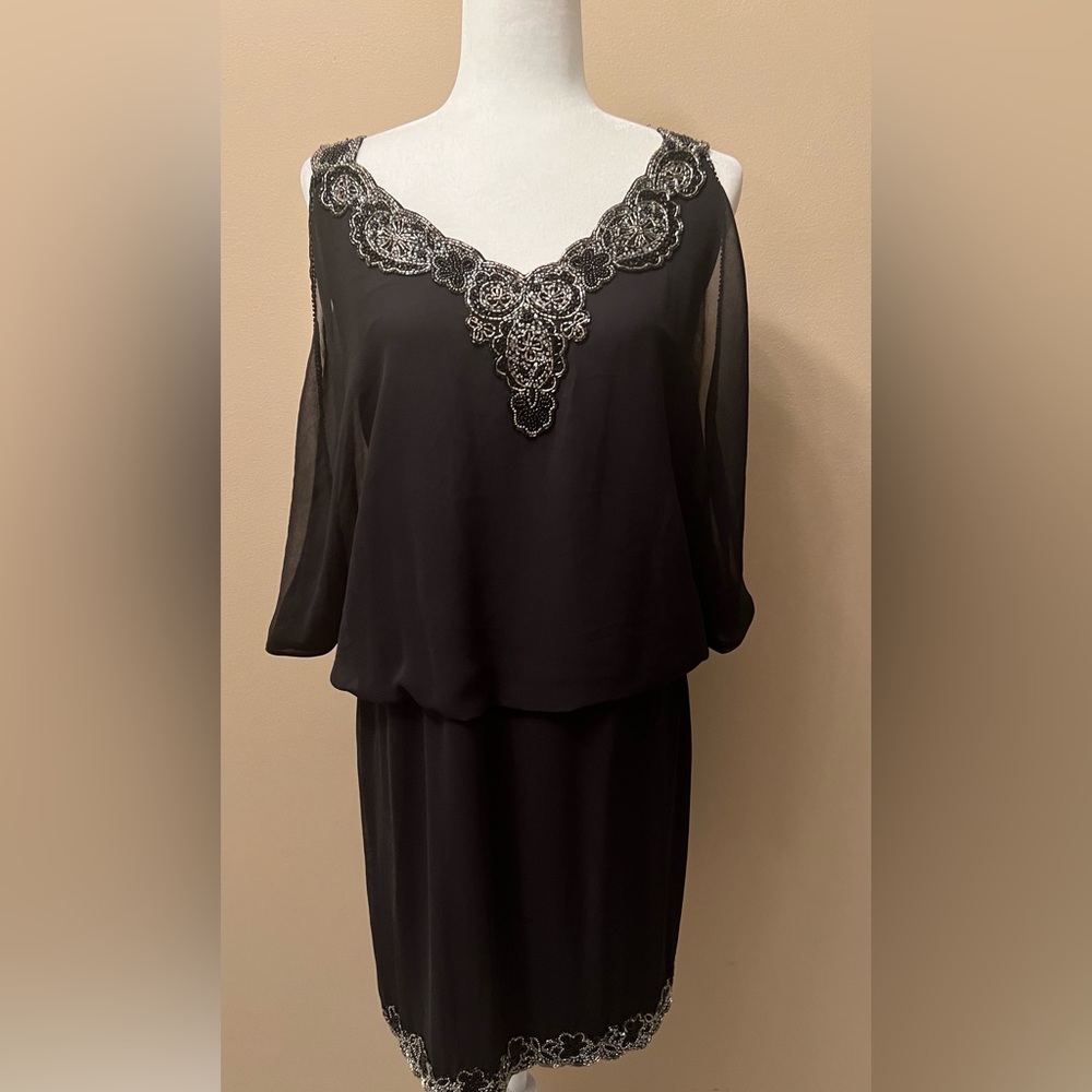 Black chiffon dress with beaded neckline front and Back